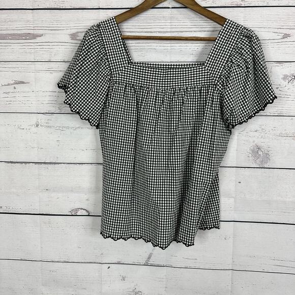 Rails Top Womens Large Black Gingham Scallop Square Neck Shirt Plaid - Picture 4 of 16